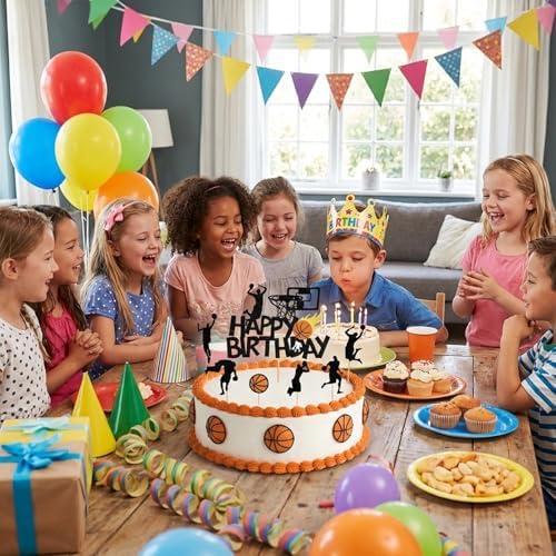 7PCS Basketball Happy Birthday Cake Topper Set, Black Glitter Sports Themed Cake Toppers, Player Silhouette Dessert Picks for Teen Boys Men Party Decorations