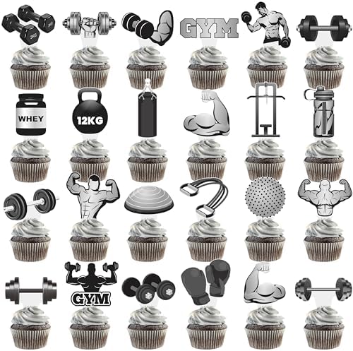 Gym Theme Cupcake Toppers 48Pcs Weight Lifting Cupcake Topper Gym Birthday Party Decorations Fitness Workout Cupcake Picks for Olympic Party Cake Decorations Supplies