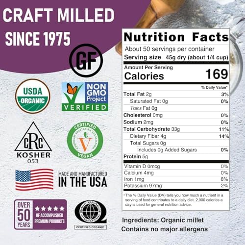 Great River Milling Organic Hulled Millet | Whole Grain Ancient Grain | Gluten-Free, High-Fiber Superfood | Non-GMO, Kosher Certified | Ideal for Salads, Porridge & Baking | 5 Lb