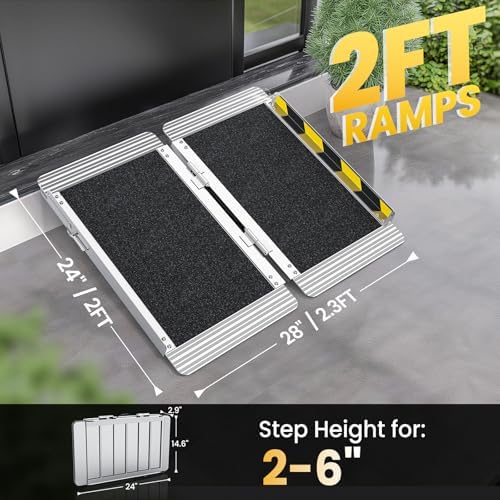 2 Feet Portable Wheelchair Ramp, 600 LBS Capacity Folding Aluminum Threshold Ramp with Anti-Slip Surface, Mobility Access Handicap Ramp for Home Steps, Doorway, Stairs, Doorways, Scooter