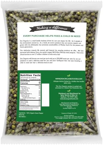 Jiva Organic Green Peppercorns Whole 3.5oz – Premium Ceylon Quality from Sri Lanka, All Natural, Dried, Steam Sterilized – Gourmet Peppercorns for Cooking, Pickling, Sauces & Brines