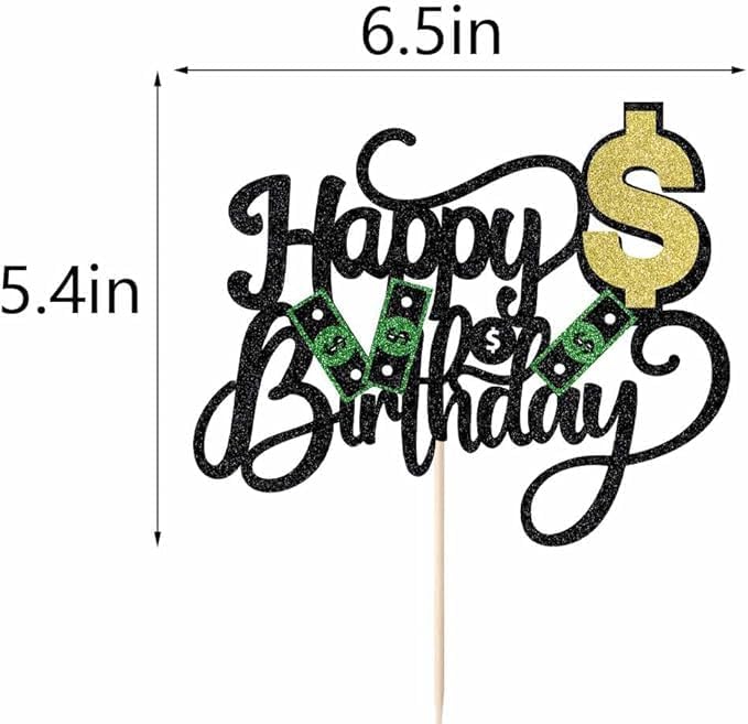 Dollar Happy Birthday Cake Toppers, Money Cake Topper Decorations for Women Men Birthday Party, Dollar Theme Party Decor Supplies (black-2)