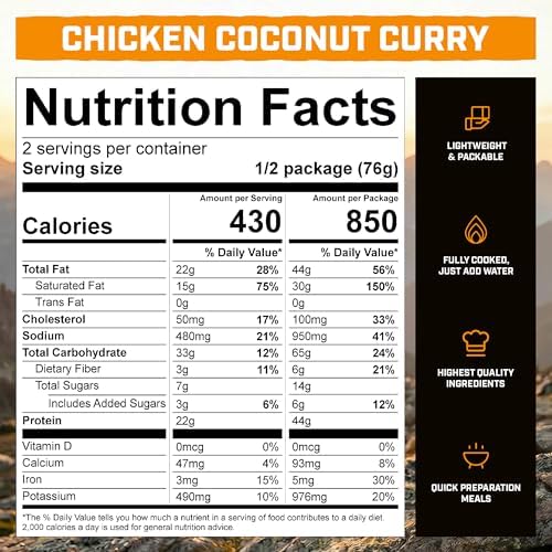 Peak Refuel Chicken Coconut Curry | Freeze Dried Backpacking and Camping Food | Amazing Taste & Quality | High Protein | Real Meat | Quick Prep (2 Serving Pouch)
