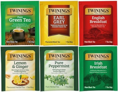 Twinings of London 6 Slot Wood Chest Gift Set Tea Variety Sampler, 60 Count (10 of Each Flavor - Green, Earl Grey, English Breakfast, Lemon & Ginger, Peppermint, Irish Breakfast)
