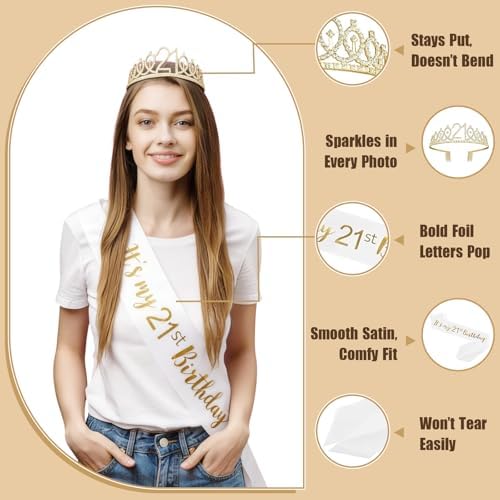 HILAVO 21st Birthday Decorations for Her, Champagne Gold Happy 21st Birthday Decorations with 21 Years Old Sash, Crown, Fringe Curtains, Balloons, Banner, Cake Topper for Women 21 Bday Party Supplies