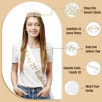 HILAVO 21st Birthday Decorations for Her, Champagne Gold Happy 21st Birthday Decorations with 21 Years Old Sash, Crown, Fringe Curtains, Balloons, Banner, Cake Topper for Women 21 Bday Party Supplies