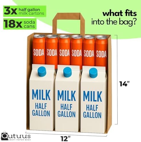Qutuus Large Paper Bags with Handles Bulk - 50 Pcs 12x7x14 Large Paper Grocery Shopping Bags with Handles, Brown Sacks for Groceries, Recycling, Delivery, Take Out, To Go, Retail