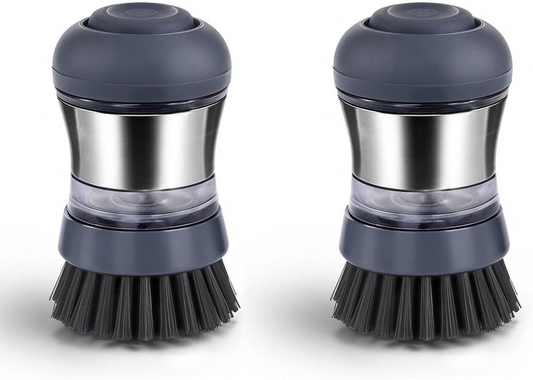 Steel Soap Dispensing Palm Brush - Pack of 2 - Kitchen Dish Scrub Brush
