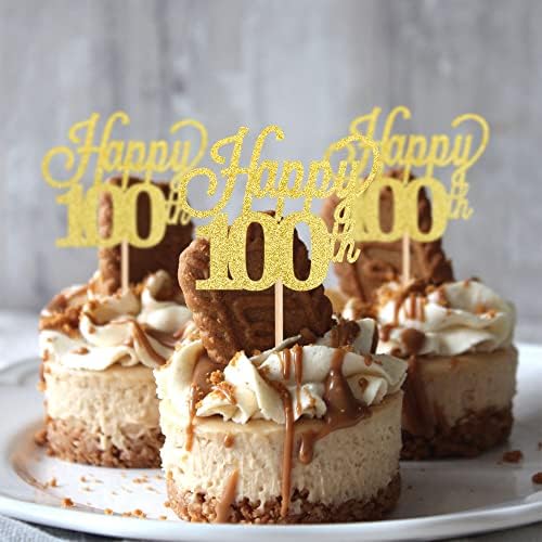 24 Pack Happy 100th Cupcake Toppers Glitter Number 100 Hundred Cheers to 100 Days Cupcake Food Picks for 100 Days Birthday Wedding Anniversary Party Cake Decorations Supplies Gold