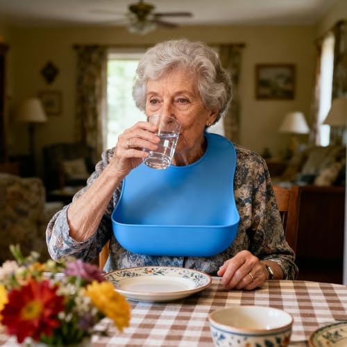Silicone Adult Bib, Adjustable and Washable Bib for Men & Women, Waterproof for Elderly with Crumb Catcher