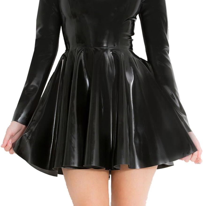 Black Latex Dress for Women,High Collar Rubber Skirts with Back Zipper for Novelty Latex Club Wear