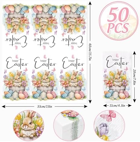 50 Sheet Happy Easter Guest Napkins Bunny Rabbit Flower Eggs Disposable Decorative Hand Paper Napkin Towel for Bathroom Party Supplies Table Decor