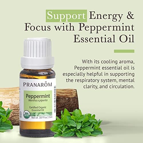 Pranarom USDA Certified Organic Peppermint Essential Oil (15ml), 100% Pure Undiluted Therapeutic Grade from India for Aromatherapy, Diffuser, Topical, Cooling, Massage & Relaxation