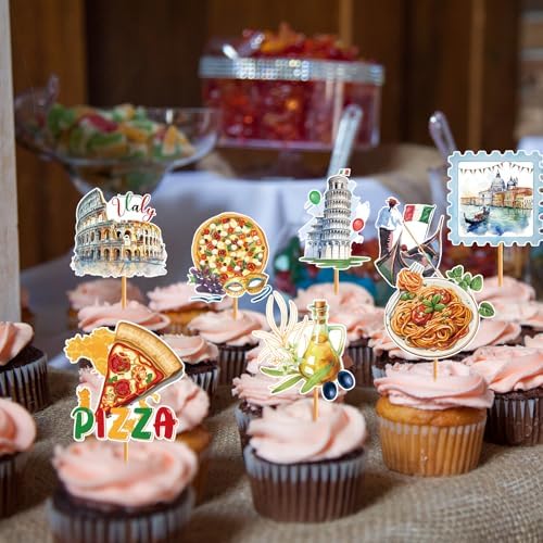Italian Theme Party Decorations - 40 Pcs Italy Pizza Birthday Cupcake Toppers Picks, Rome Colosseum Spaghetti Cup Cake Topper, Buon Comleanno Summer Party Supplies Photo Background Decor