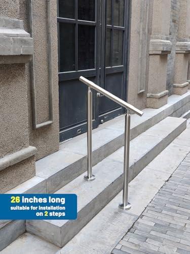 2 Step Stair Railing, Handrail for Indoor Outdoor Steps, 1.65" OD Round DIY 304 Stainless Steel Transitional Porch Deck Hand Rail with Installation Kit for Seniors, Silver, 26 x 36 in