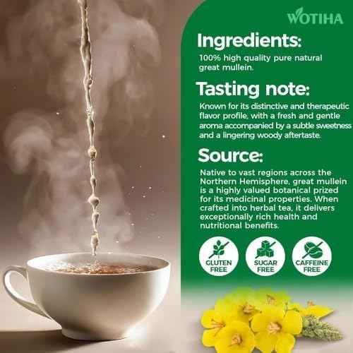 WOTIHA 65 Count Value Pack Premium Mullein Leaf Tea Bags - 100% Pure Natural Herbal tea, Lungs Cleanse & Respiratory Support, Caffeine-Free, No Additives, Non-GMO