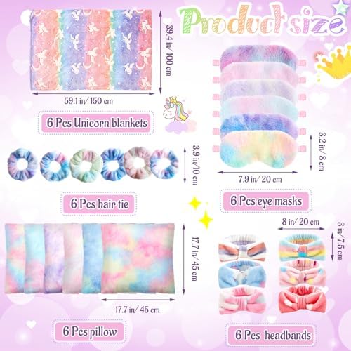 36 Pcs Sleepover Party Supplies for Girls Sets, 6 Glow in The Dark Blanket 6 Pillow with Pillow Core 6 Coral Fleece Headband 6 Plush Eye Mask Covers 6 Scrunchies for Slumber Sleepover Party Gifts Bulk