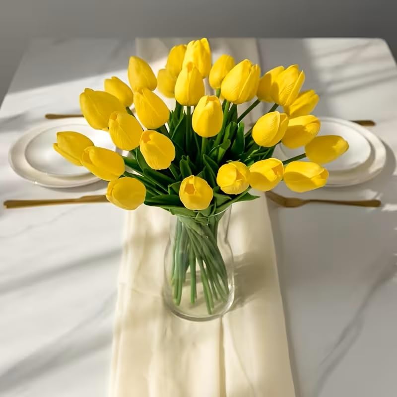 14 Pcs Tulips Artificial Flowers Faux Tulip Stems Real Feel PU Tulips Easter Spring Wedding Bouquet Centerpiece Floral Arrangement Cemetery Table Décor-Yellow