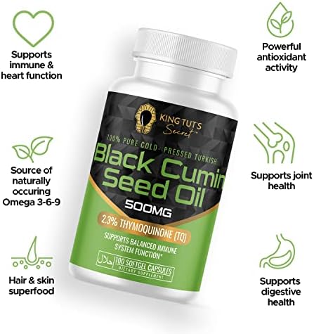 KING TUT'S SECRET Black Seed Capsules - 500 mg 100 Softgels - Nigella Sativa Extract, Black Cumin Supplement for Hair, Antioxidant Support, Immune System - Halal Black Seed Cumin Oil Capsules