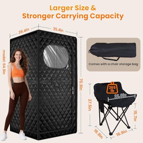 Portable Sauna for Home, Upgraded Personal Steam Sauna Box with 3L 1300W Steamer, Folding Chair, Extra Large Size Foldable Home Sauna 3’X 3’X 5.9’, Full Body Sauna Tent for Relaxation Spa, Black