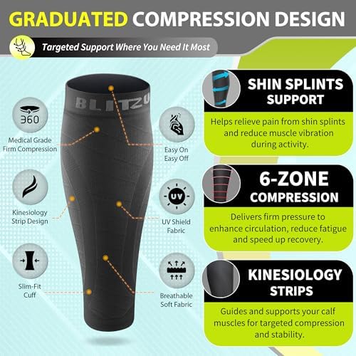 BLITZU 3 Pairs Calf Compression Sleeves for Men and Women. Footless Compression Socks & Leg Support for Running, Travel, Nursing, Fitness. Shin Splints Pain Relief & Reduce Swelling Black L-XL