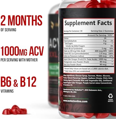 WELLUTION Apple Cider Vinegar Gummies 1000mg – Vegan, Non-GMO – with Beetroot & Pomegranate – Digestive, Energy & Detox Support – 60 Count