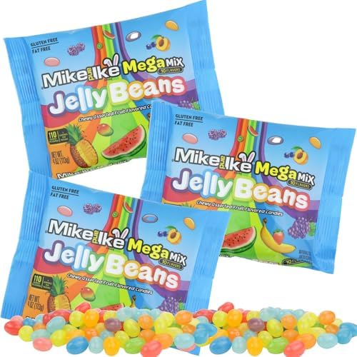 Mike and Ike Easter Jelly Beans, Mega Mix 10 Flavors, Basket Stuffer and Candy Egg Fillers, Mini 4 Ounce Bags, Pack of 3