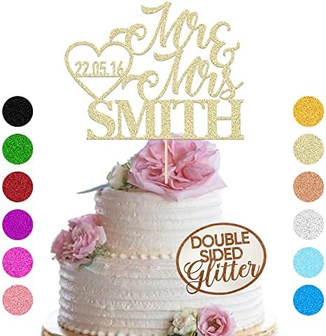 Personalized Wedding Cake Toppers Decoration Favours Customised Gifts for Couple Double Sided Glitter Paper Any Name Date Champagne Gold