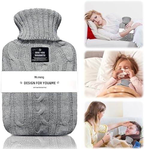 Hot Water Bottle with Knitted Cover, Leak-Proof Hot Water Bag for Hot and Cold Compress, Hand Feet Warmer, Ideal for Menstrual Cramps, Neck and Shoulder Pain Relief,Warming Bed (Gray, 1 L)