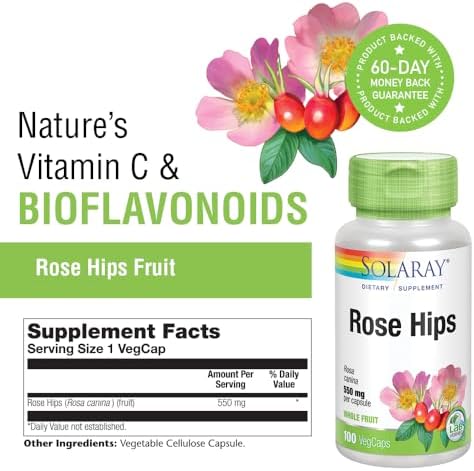 SOLARAY Rose Hips Fruit 550mg | Healthy Skin, Joints & Immune Function Support | Source of Vitamin C & Bioflavonoids | Non-GMO & Vegan | 100 VegCaps