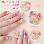 250Pcs 3D Kawaii Nail Charms Kit, Mixed Cartoon Candy Animal Fruit Resin Charms Flatback Gummy Bear Slime Charms Cute Star Heart Butterfly Daisy Flower Nail Supplies for Nails Phone Cases DIY Crafts