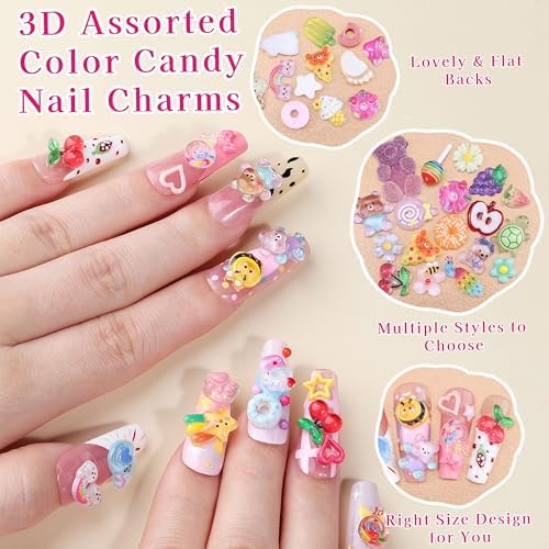 250Pcs 3D Kawaii Nail Charms Kit, Mixed Cartoon Candy Animal Fruit Resin Charms Flatback Gummy Bear Slime Charms Cute Star Heart Butterfly Daisy Flower Nail Supplies for Nails Phone Cases DIY Crafts