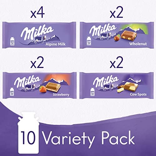 Milka European Chocolate Bars Variety Pack, Alpine Milk Chocolate, Cow Spots, Strawberry & Wholenut Hazelnut, 10 - 3.52 oz Bars