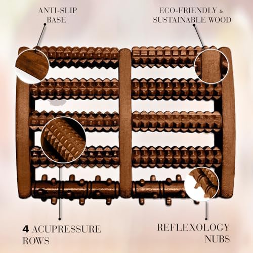 Brookstone Foot Massager Roller Plantar Fasciitis Pain Relief - Wooden Under Desk Feet Massage - Dual Manual Heel Massagers - Wood Rolling Acupressure Tool with Reflexology Guide - Gift for Men, Women