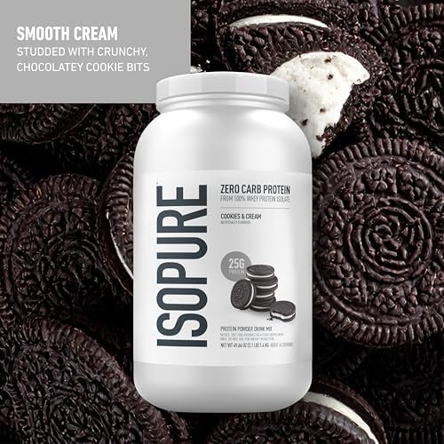 Isopure Zero Carb 100% Pure Whey Isolate Protein Powder, Gluten Free, With Vitamins, Cookies & Cream, 25g Protein Per Serving, 3 Pounds, 44 Servings (Packaging May Vary)