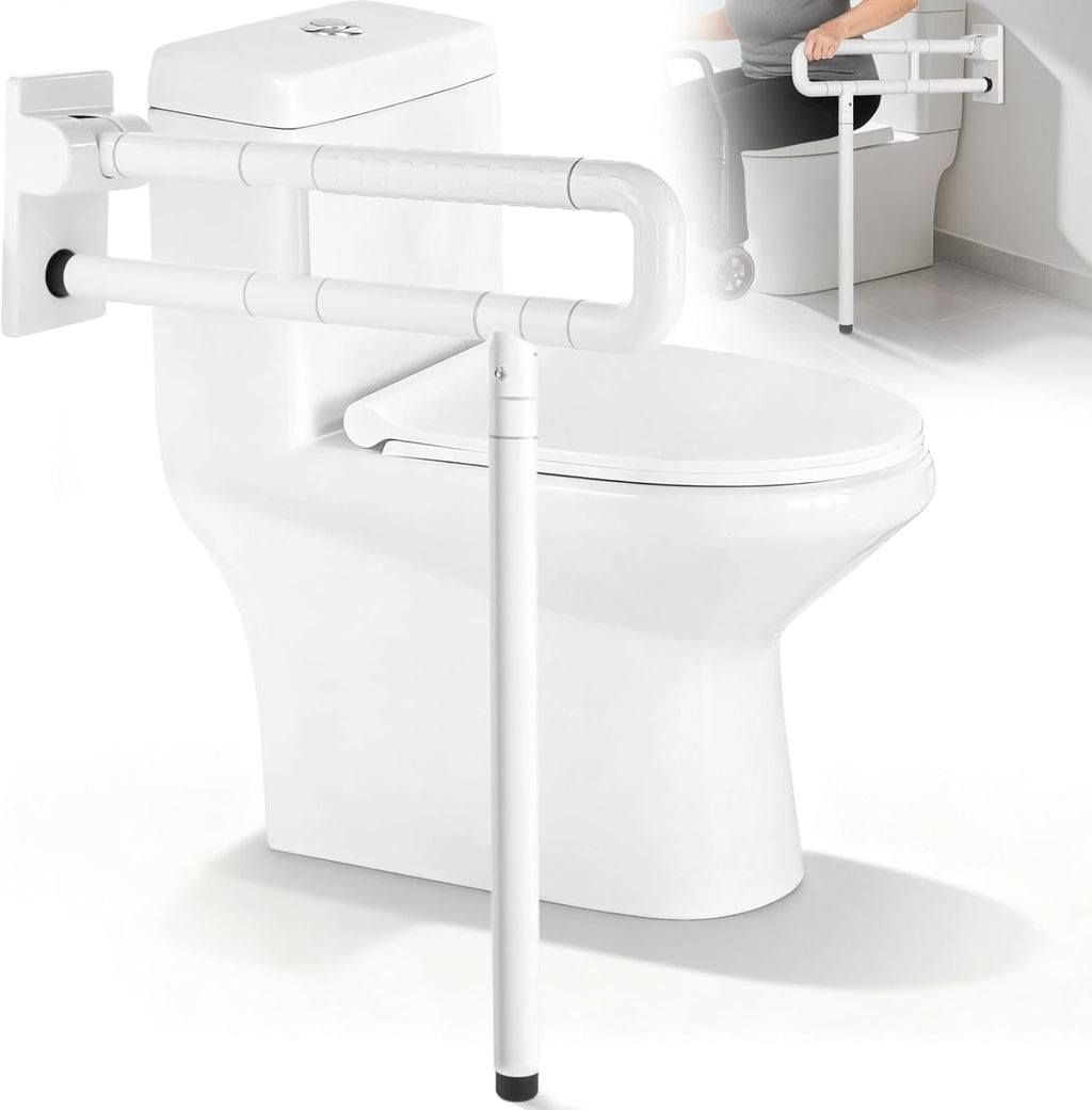 Flip Up Handicap Grab Bar, Hybodies Wall Mounted Folding Toilet Safety Rail with Floor Support, Non-Slip Toilet Handle for Bathroom, Assist Bar Handrails for Elderly Disabled Senior Pregnant