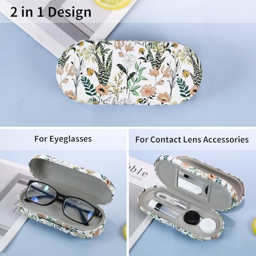 2 in 1 Contact Lens Case and Eyeglasses Case for Women Men Kids, Double Sided Hard Shell Portable Glasses Travel Holder with Built-in Mirror, Contact Lens Box (White Flower)