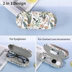 2 in 1 Contact Lens Case and Eyeglasses Case for Women Men Kids, Double Sided Hard Shell Portable Glasses Travel Holder with Built-in Mirror, Contact Lens Box (White Flower)