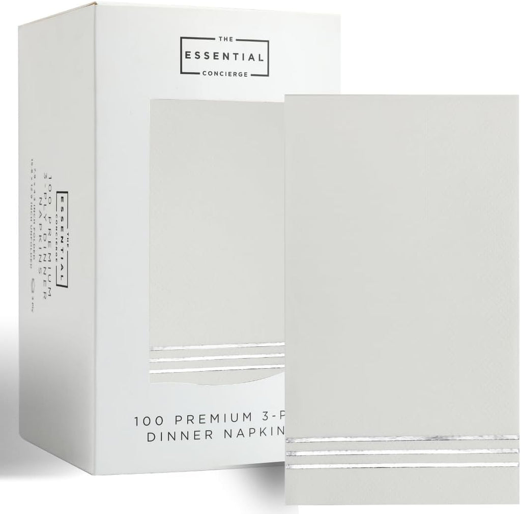 Stylish White and Silver Napkins - 100 Disposable White Paper Dinner Napkins for Bridal Shower or Wedding - 7.5 x 4.25 Inch Serviettes for Parties and Events