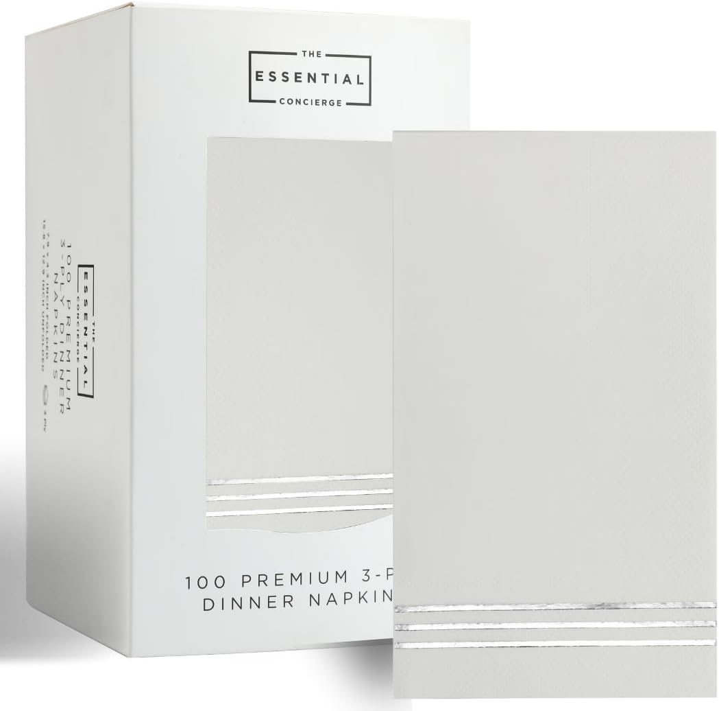 Stylish White and Silver Napkins - 100 Disposable White Paper Dinner Napkins for Bridal Shower or Wedding - 7.5 x 4.25 Inch Serviettes for Parties and Events