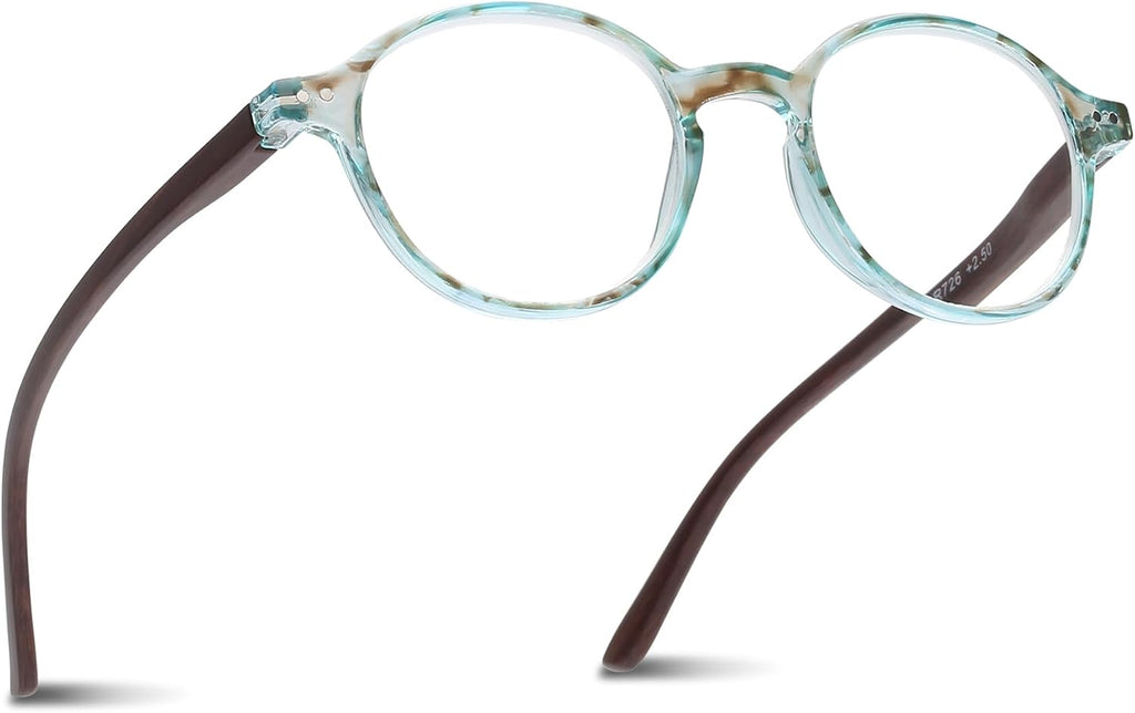2SeeLife Small Round Reading Glasses for Men & Women – Narrow-Medium Fit, Sturdy Frame, Spring Hinges, Premium Retro Readers, Aqua Blue, +1.00