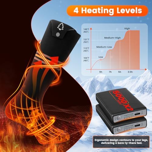 Heated Socks Electric Heated Socks for Men Women, 5000mAh*2 Rechargeable Electric Warm Socks Heat Up to 9 Hours, Winter Washable Thermal Socks Foot Warmer for Outdoor Camping