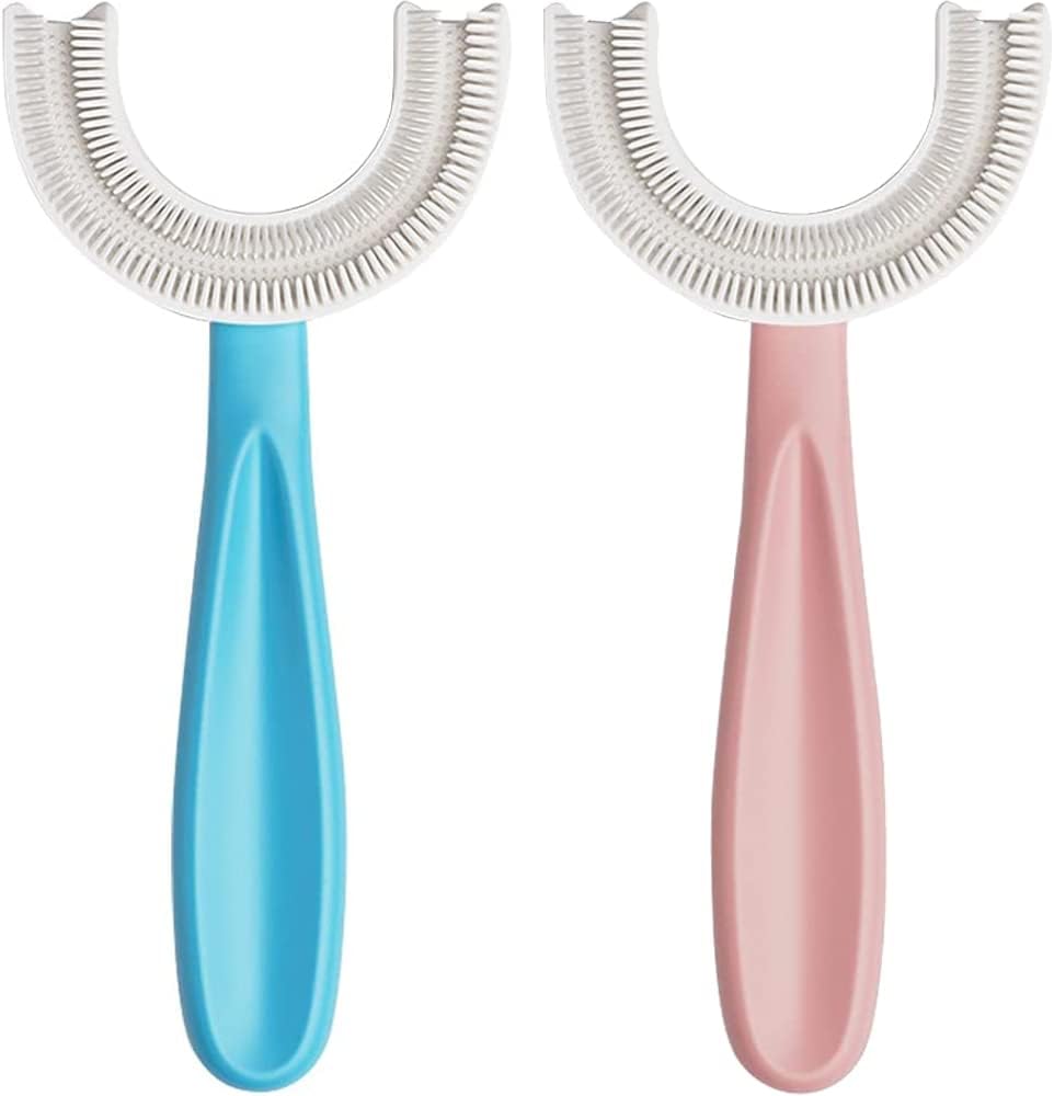 YOTEE U-Shaped Toothbrush Kids 2 PCS - Toddler Toothbrush with Food Grade Soft Silicone Brush Head, Manual Whole Mouth Tooth Brush for Kids Age 6-12(Blue+Pink)