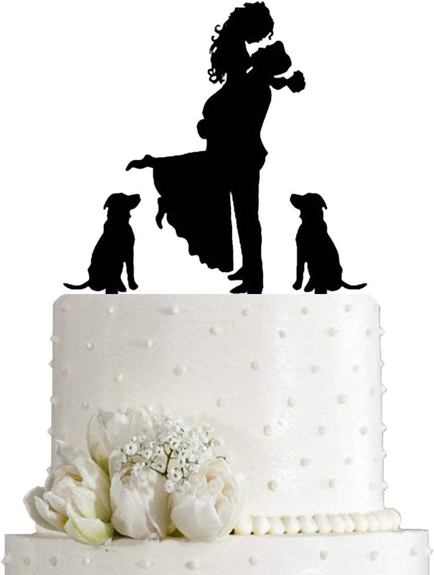 Wedding Cake Topper - Bride Hold Groom with Flowers Besides 2 Pet Dogs Silhouette Cake Decoration (Black)