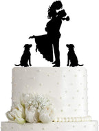 Wedding Cake Topper - Bride Hold Groom with Flowers Besides 2 Pet Dogs Silhouette Cake Decoration (Black)