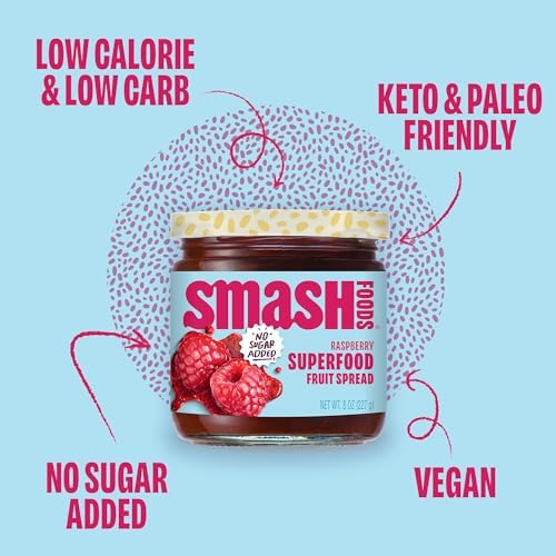 Smash Foods Raspberry Jam | Low-Calorie, No Sugar Added Keto Jam with Upcycled Fruit & Chia Seeds | Vegan, Paleo Superfood Fruit Spread (1 Jar)