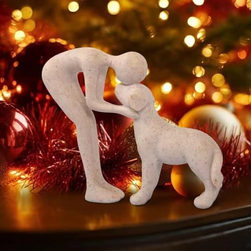 Abstract Resin Hand-Painted Sculpture of Person and Dog Bonding – Head-to-Head Intimate Figurine Decoration for Office、Living Room、Bedroom、Home， Memory Gifts for Pet Lovers (Sandstone)