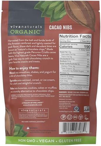 Viva Naturals Organic Cacao Nibs, Unsweetened, 8 oz (227 g), Keto Friendly, Vegan, Non-GMO, Gluten-Free Chocolate Chip Substitute