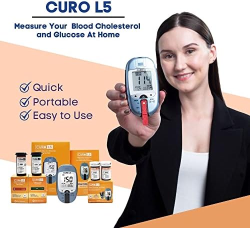 Home Blood Cholesterol Test Kit - CURO L5 Digital Meter - (10 Total Cholesterol Strips & 10 Triglycerides Test Strips and 50 Glucose Test Strips Included)