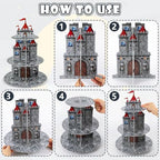 3 Tier Medieval Castle Cupcake Stand Decor with 24 Cake Toppers Knight Birthday Party Decorations Medieval Theme Dessert Cardboard Stand Tower Castle Cupcake Holder for Boys Baby Shower Supplies